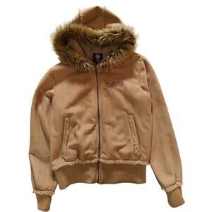 NFL St Louis Rams Tan Faux Suede Fur Trim Hooded Jacket Coat Womens Small